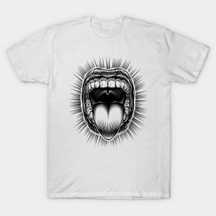 Mouth Open Tongue Scream Vintage Ink Hand Drawing Monochrome T-Shirt